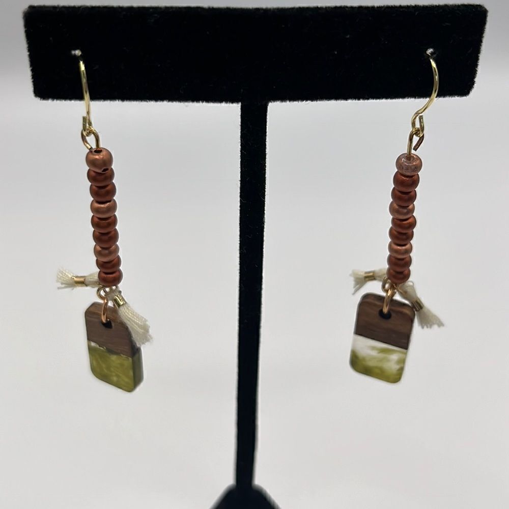 Gold Tone Beaded Tassel Earth Tone Rectangular Charm Boho Earrings
